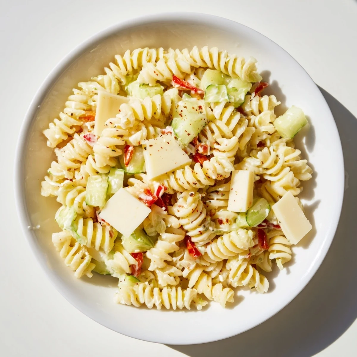 Close-up of a refreshing Dill Pickle Chopped Pasta Salad, loaded with colorful vegetables and cheese.