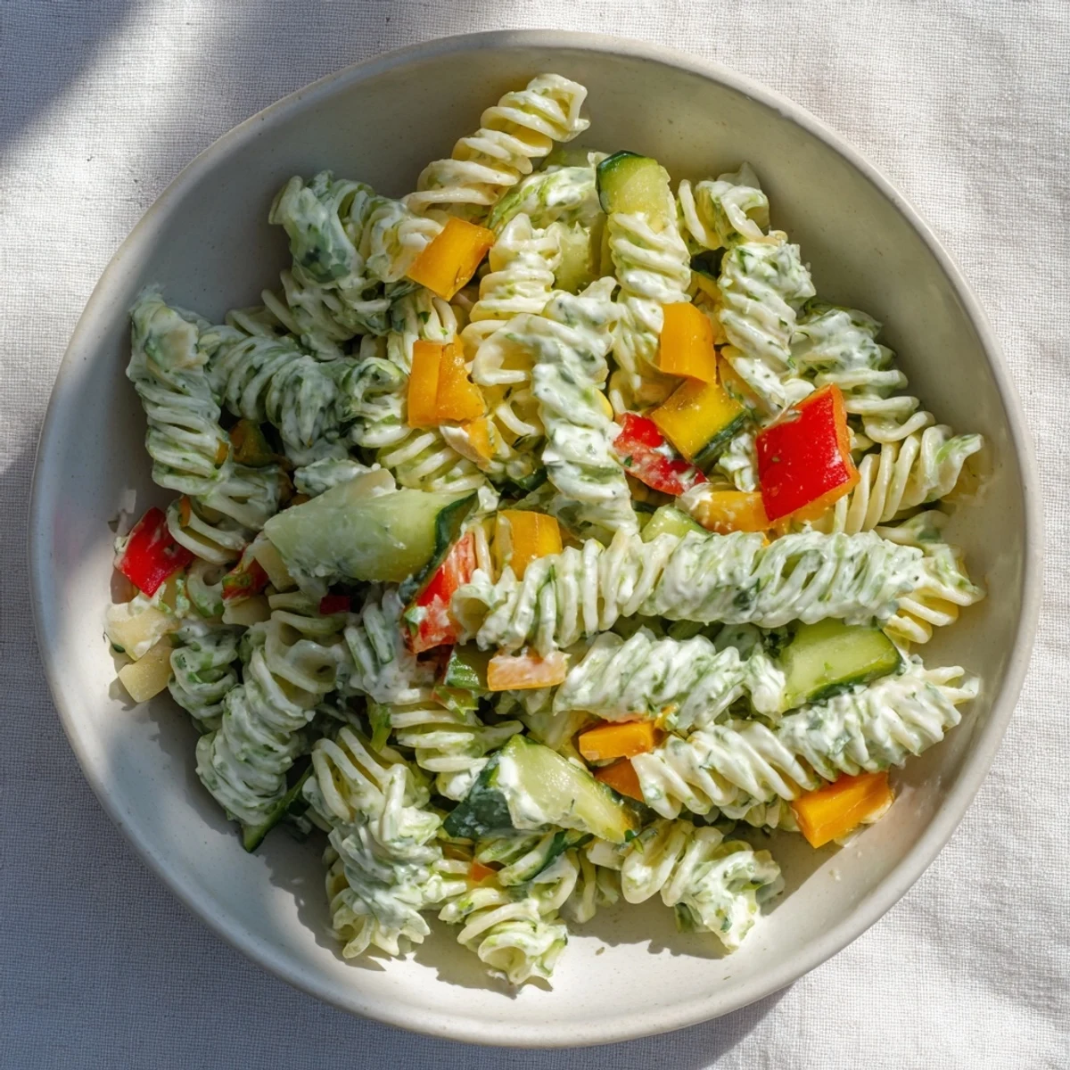 This chilled Dill Pickle Chopped Pasta Salad shows creamy dressing coating pasta and crispy, chopped pickles.