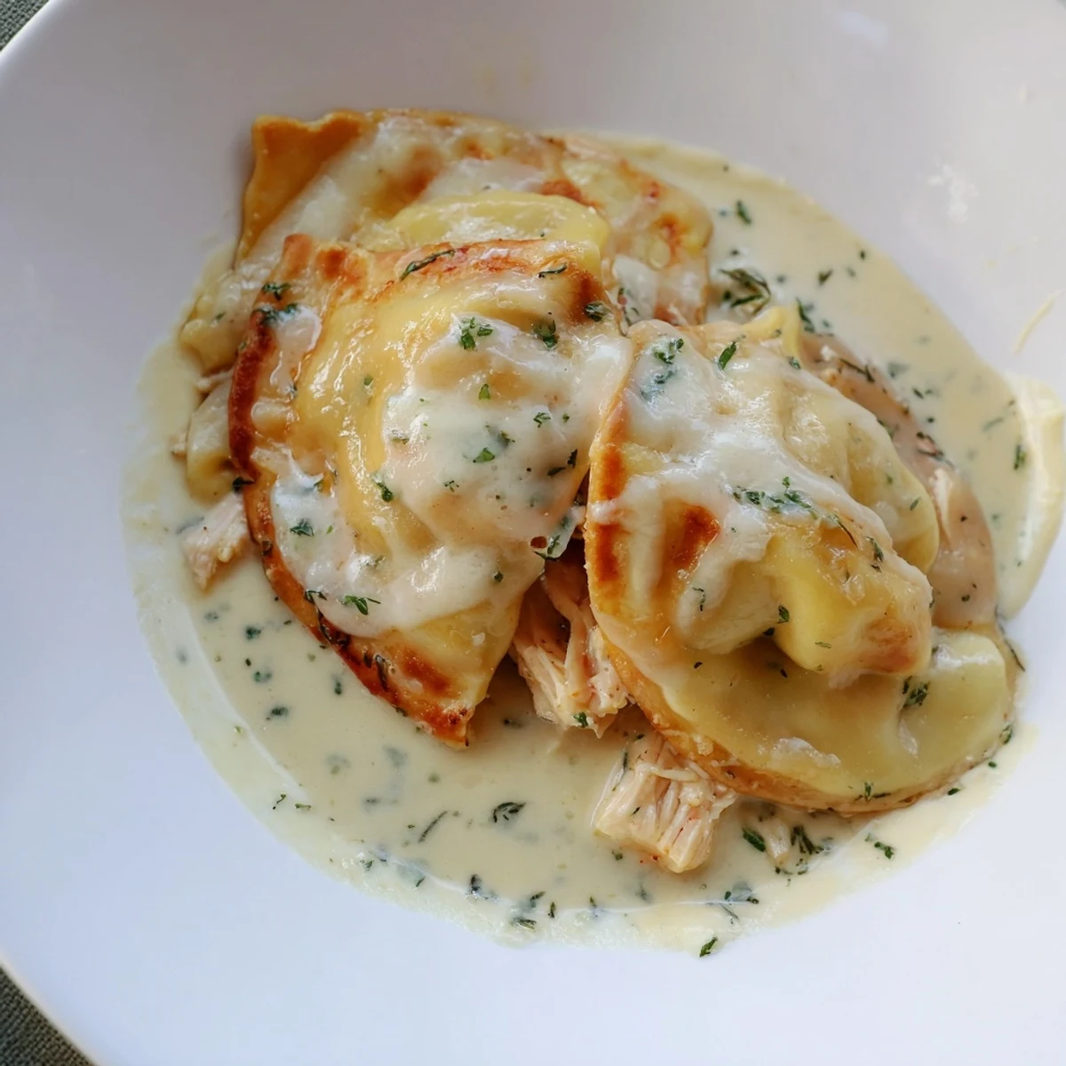 Golden and bubbly, the cheesy crust tops this hearty Chicken Pot Pie Ravioli Bake.