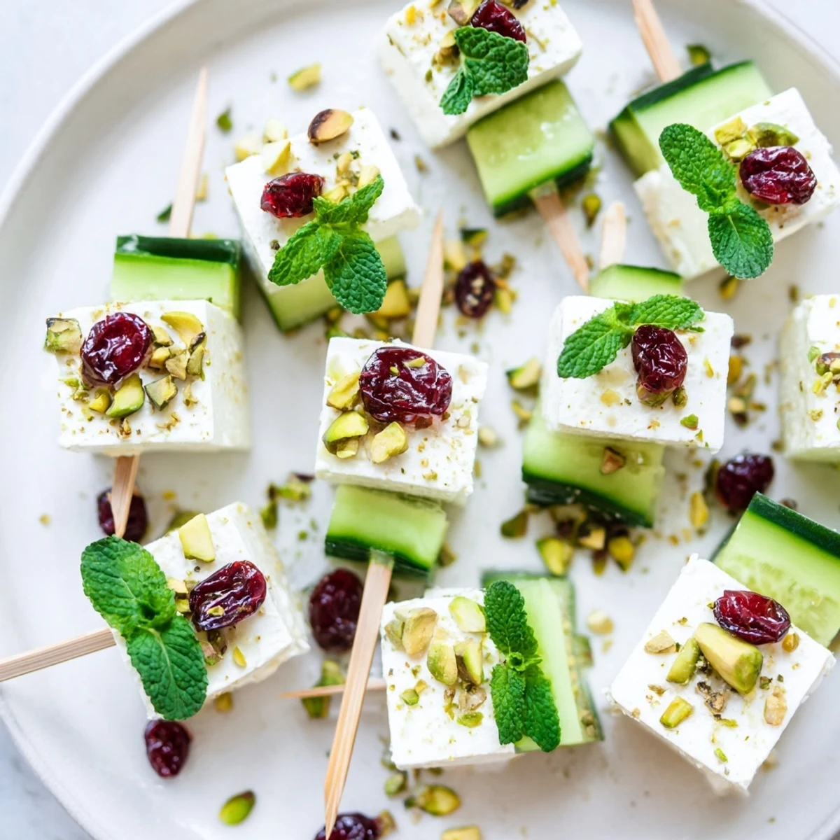 Vibrant Holiday Cranberry-Feta Skewers display a colorful appetizer with fresh mint and tangy feta.