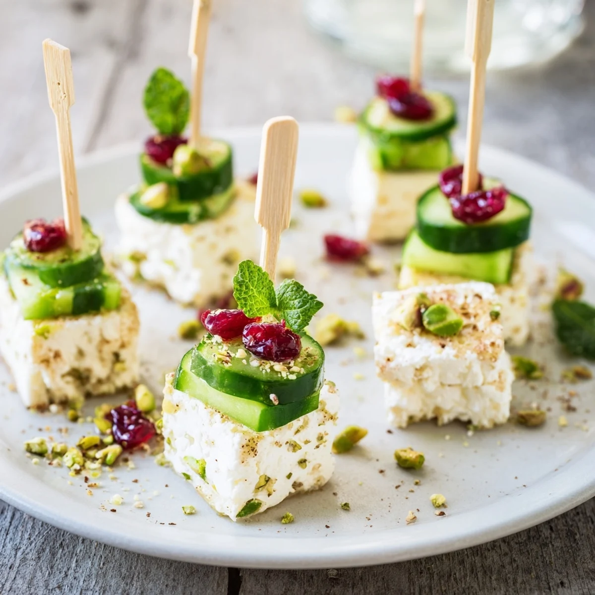 Honey-glazed Holiday Cranberry-Feta Skewers, a festive appetizer, feature cucumbers, pistachios, and balsamic drizzle.
