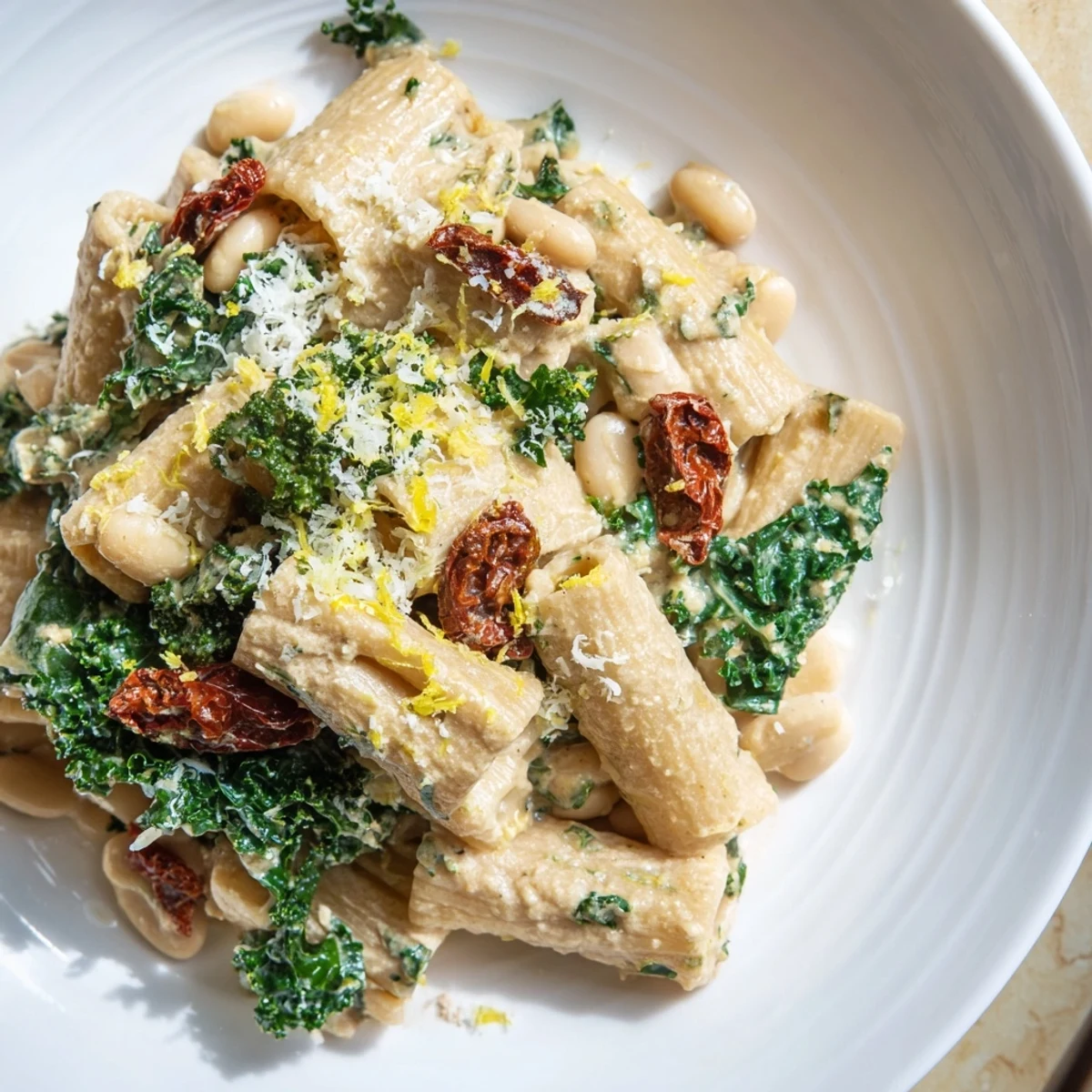 Steaming bowl of Healthy Tuscan White Bean & Kale Christmas Pasta, vibrant with colorful vegetables.