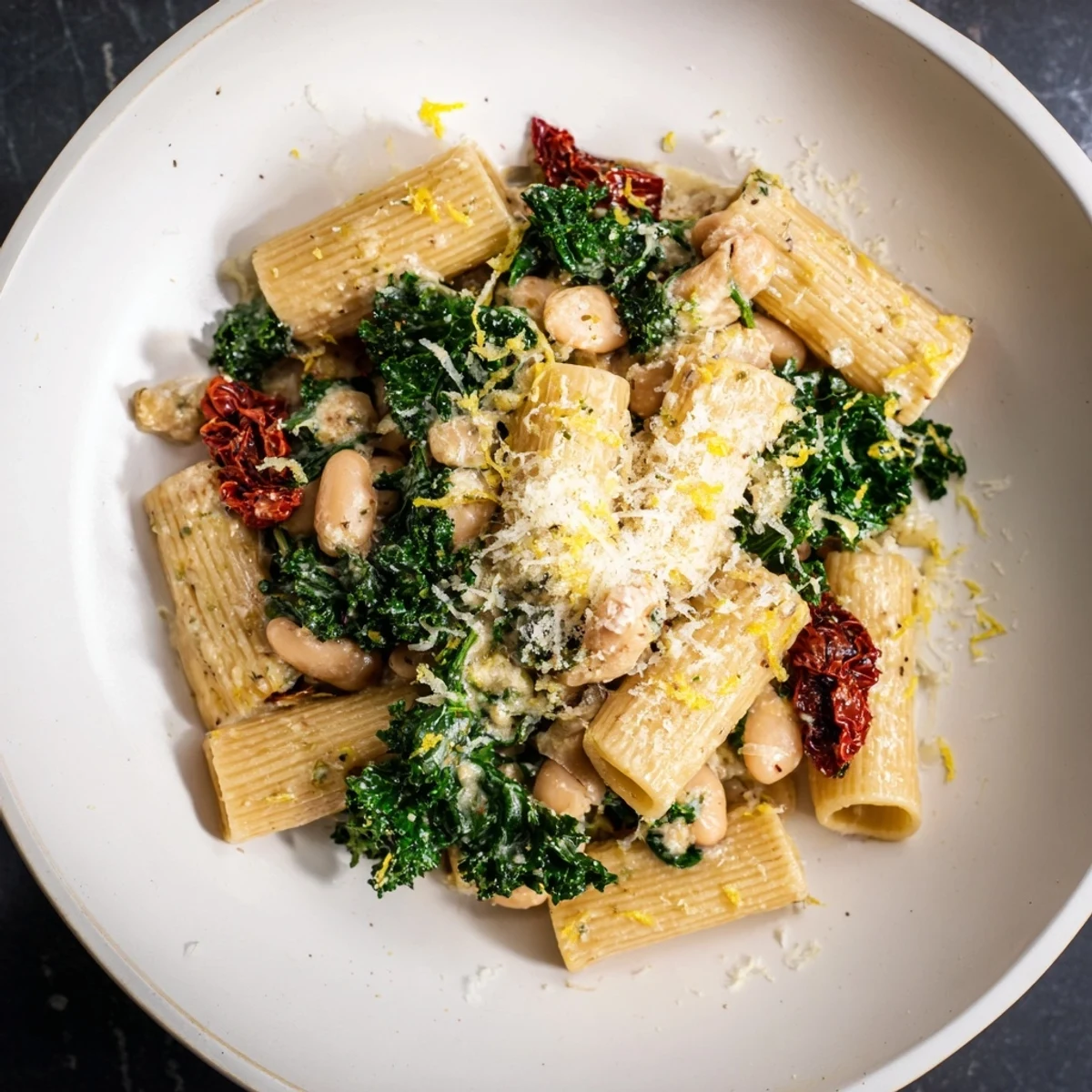 Creamy, flavorful Healthy Tuscan White Bean & Kale Christmas Pasta, ideal for a warm winter meal.