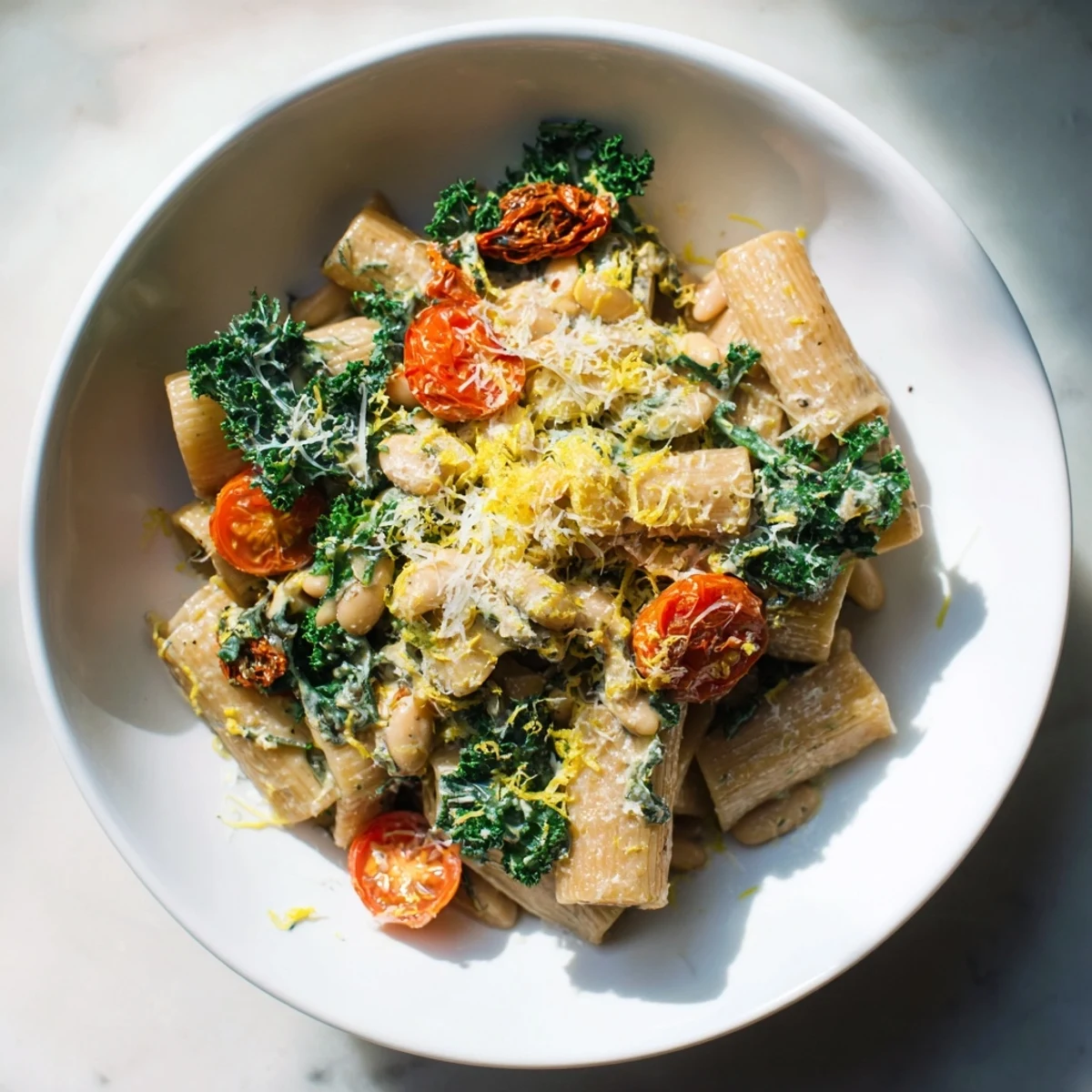 A comforting close-up showing delicious Healthy Tuscan White Bean & Kale Christmas Pasta, ready to eat.