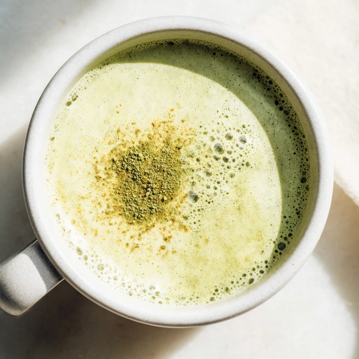 Steaming Coconut Ginger Matcha Winter Immunity Latte, a vibrant green, topped and served in a warm mug.