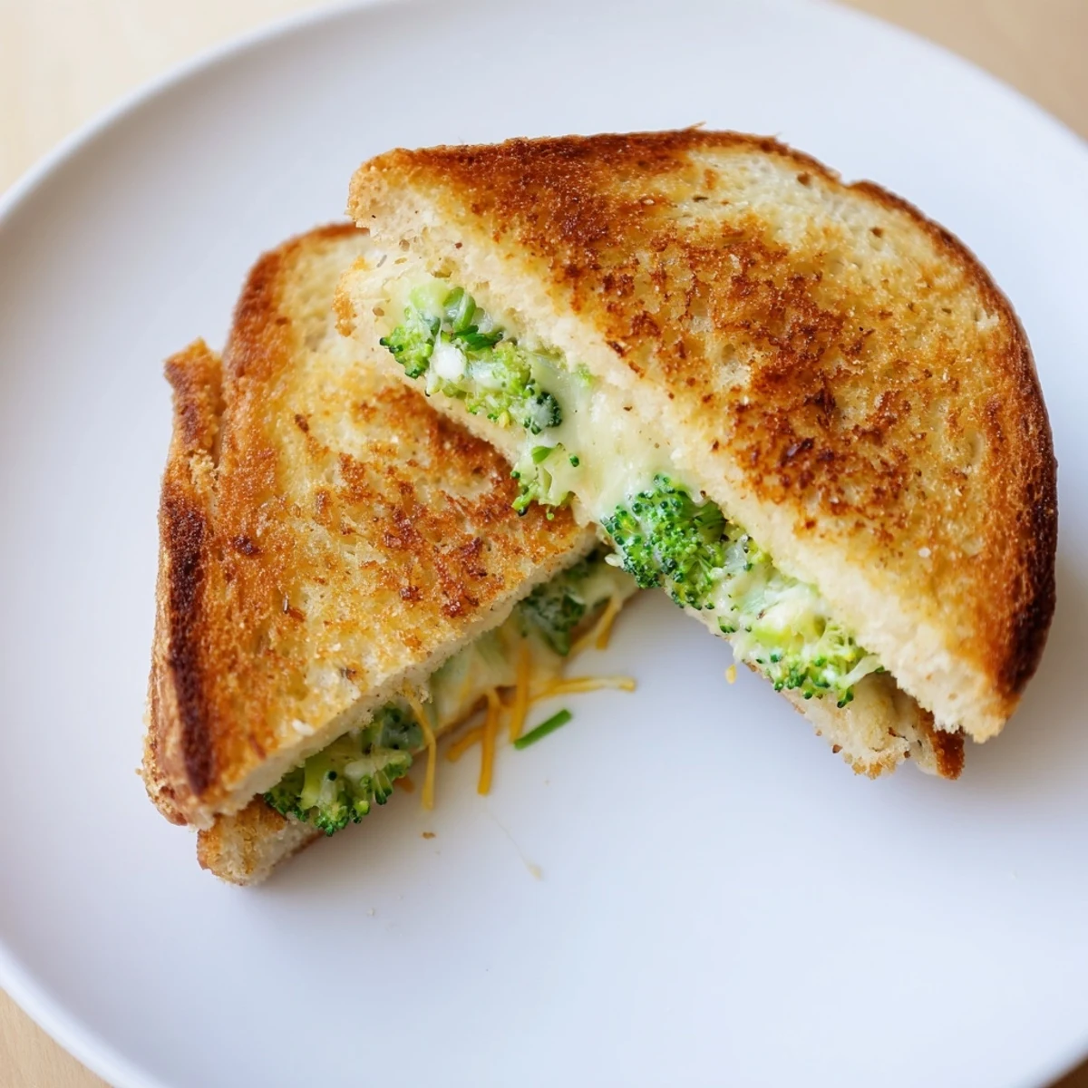 Air Fryer Broccoli Cheddar Stuffed Grilled Cheese with melted cheese oozing from crispy sourdough bread.