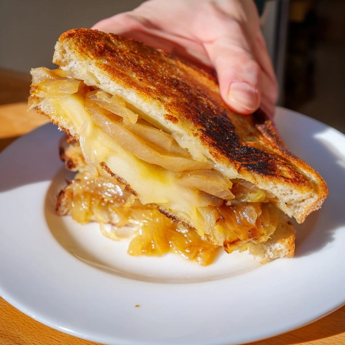 Buttery, toasted slices embracing a delicious Caramelized Onion, Apple & Cheddar Grilled Cheese sandwich.