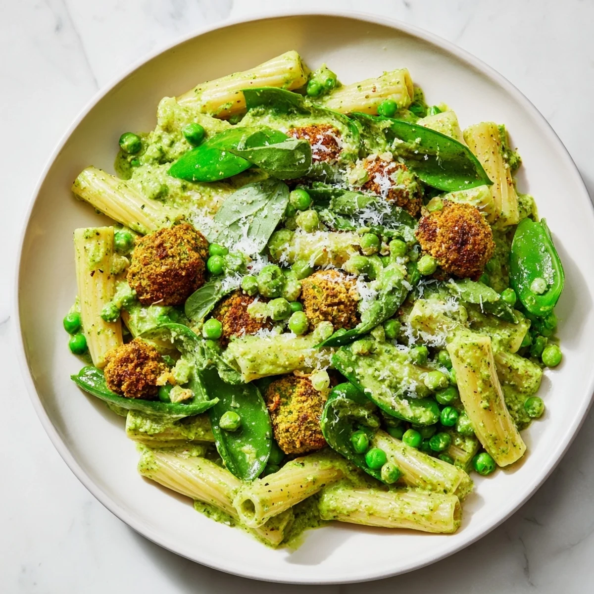 One-Pot Creamy Pesto Pea Protein Pasta: A steaming bowl of pasta, peas, and rich, vibrant pesto.