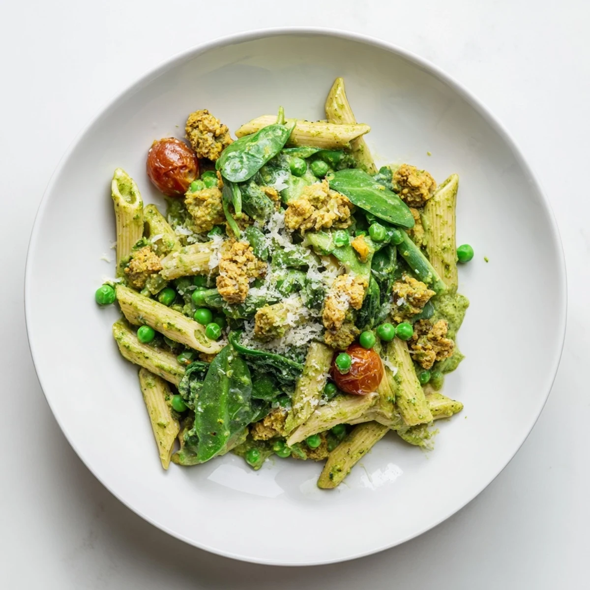 Easy one-pot creamy pesto pea protein pasta, brimming with fresh spinach and cherry tomatoes.