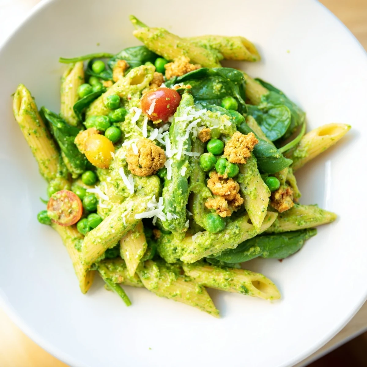 Perfectly cooked one-pot creamy pesto pea protein pasta with a swirl of green pesto, ready to eat.