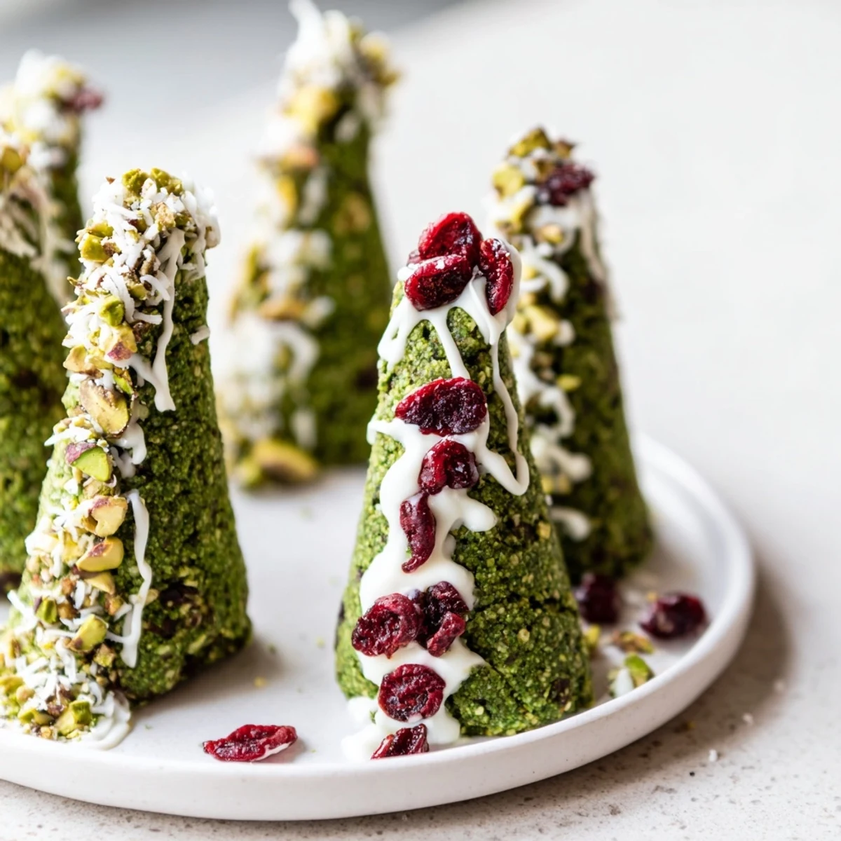 No-bake Matcha Pistachio Christmas Tree Energy Bites sprinkled with red cranberries, perfect for guilt-free holiday treats.