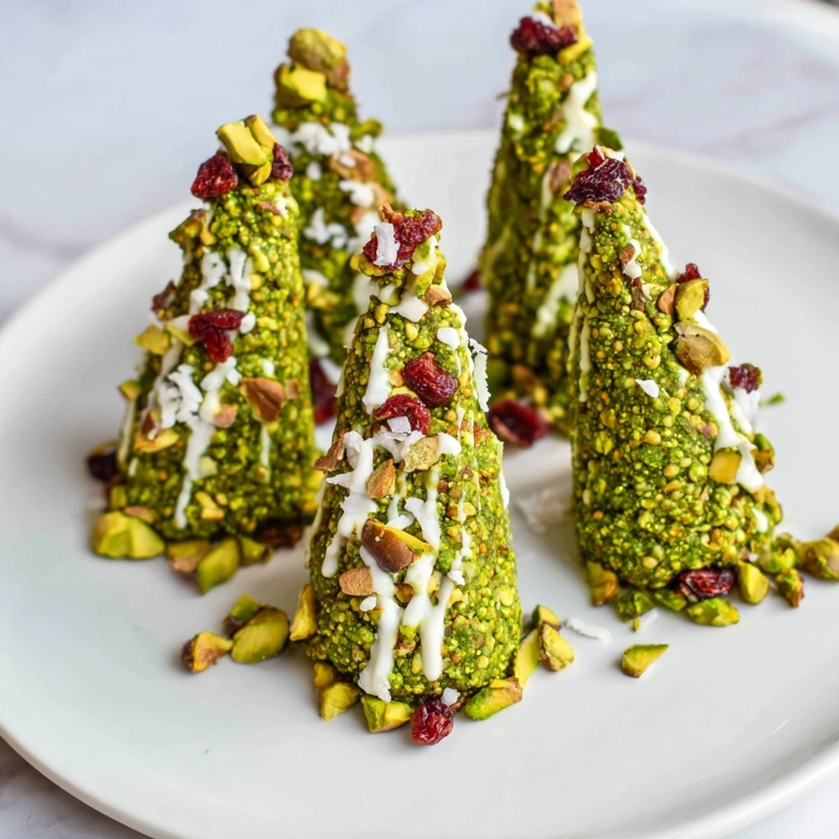Close-up of Matcha Pistachio Christmas Tree Energy Bites, showing a delightful, rich green hue and pleasing texture.