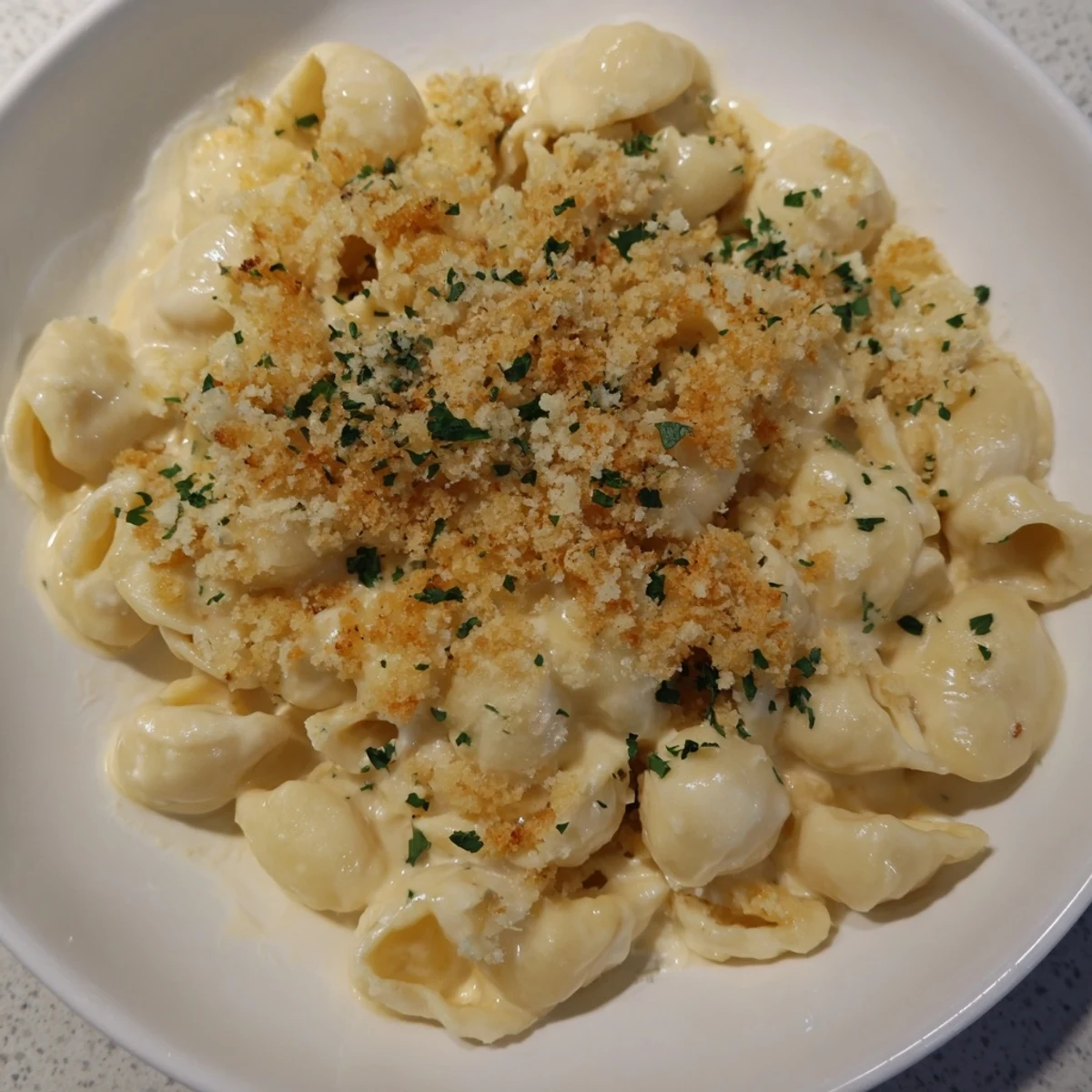 Creamy Lightened Mac & Cheese Snowflake Pasta Bake, golden bubbly, with a toasted breadcrumb topping.