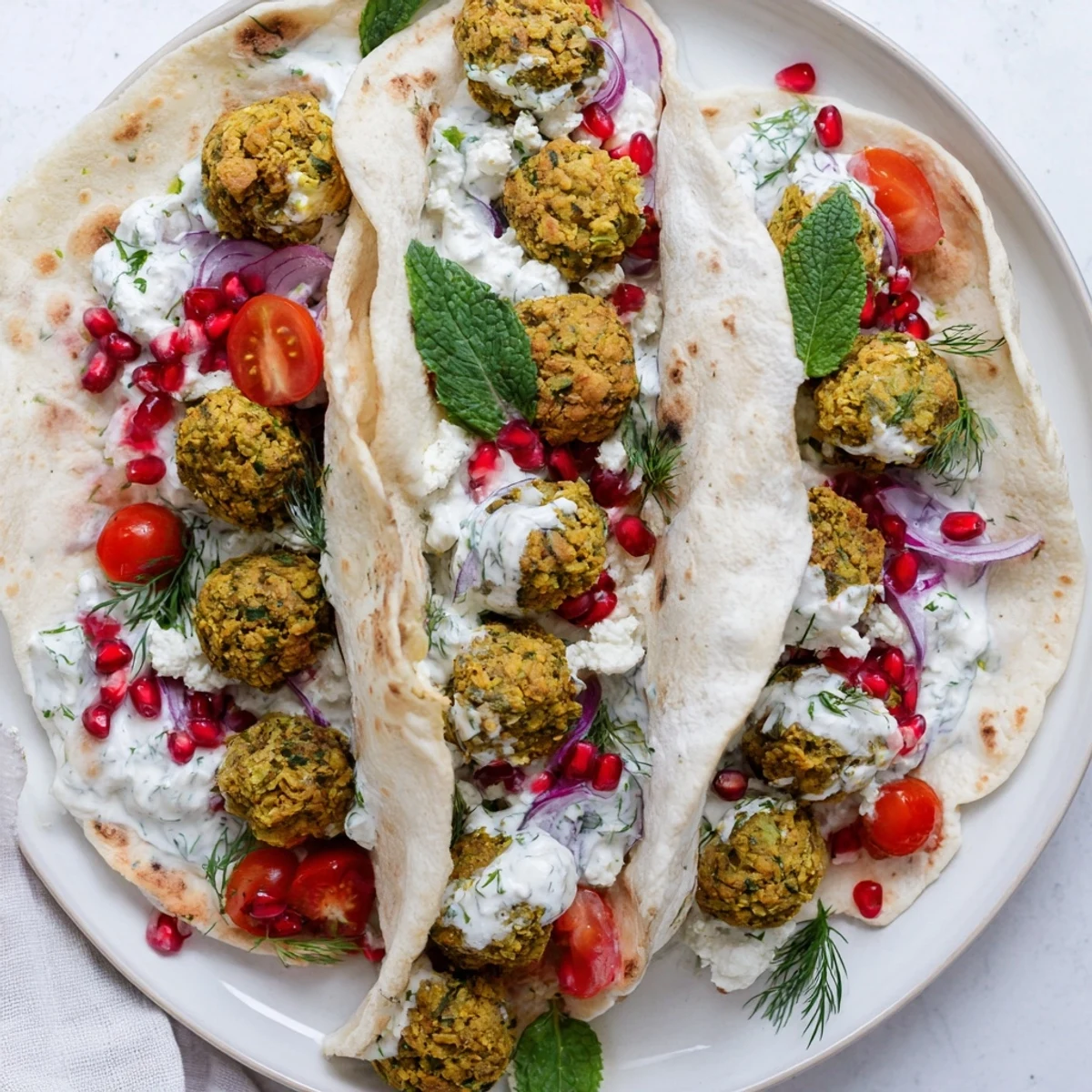 Golden-brown falafel nestled in a Festive Falafel & Tzatziki Christmas Wreath Wrap, ready to eat.