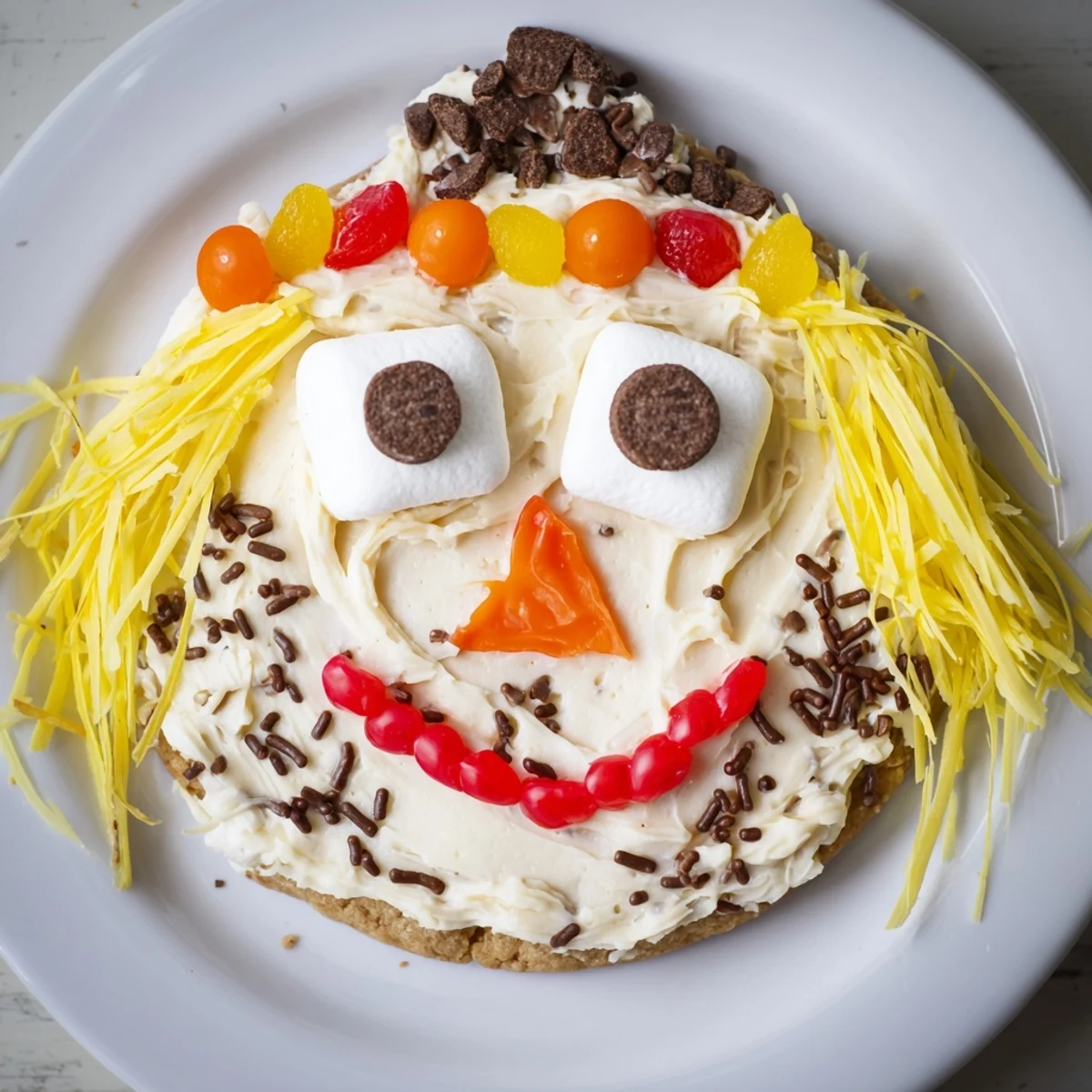 Vibrant Scarecrow Candy Platter featuring a smiling face made with colorful candies and a cookie base.