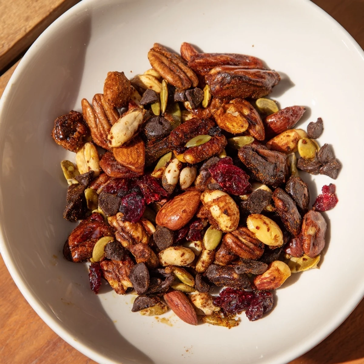 Rustic bowl filled with homemade acorn & oak snack mix ready for sharing with friends and family.