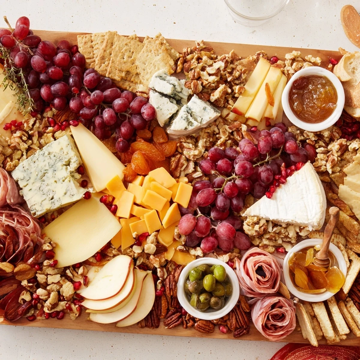 A visually stunning Cornucopia Harvest Board, arranged with various cheeses, grapes, and nuts, perfect for sharing.