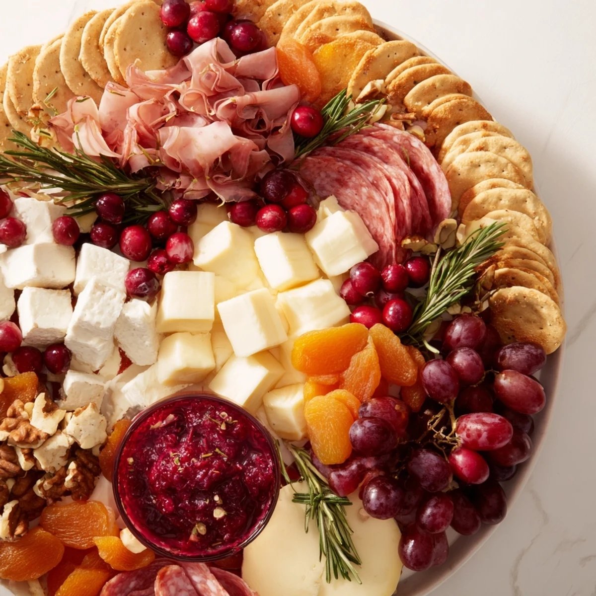 Festive Cranberry Wreath Platter with vibrant red cranberry sauce and creamy cheeses.