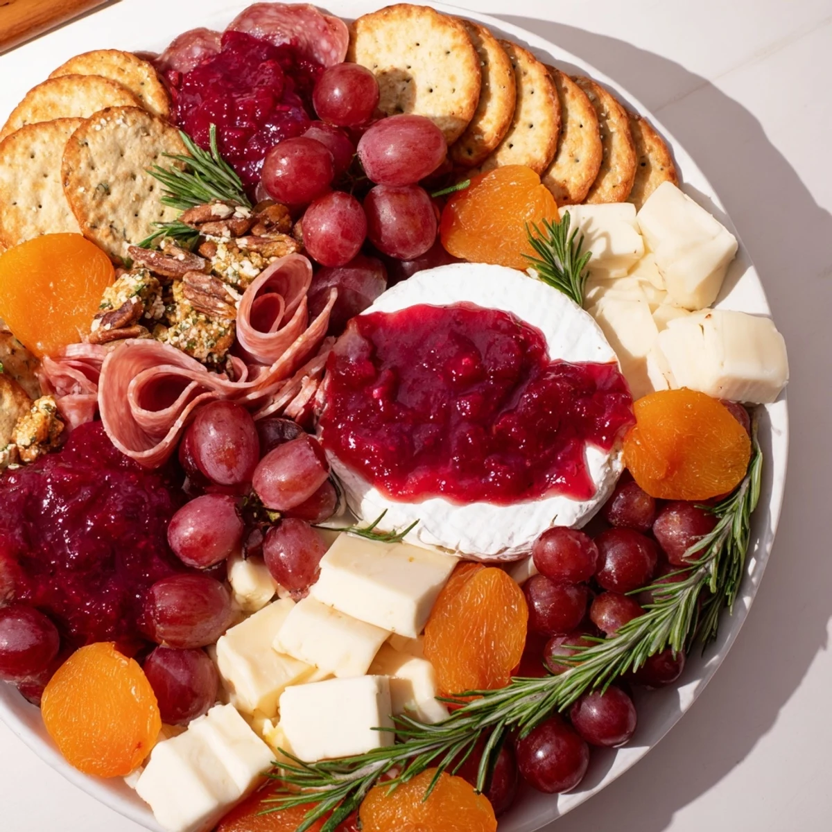 Enjoy a delicious Cranberry Wreath Platter appetizer, featuring cheese, meats, and fruit.