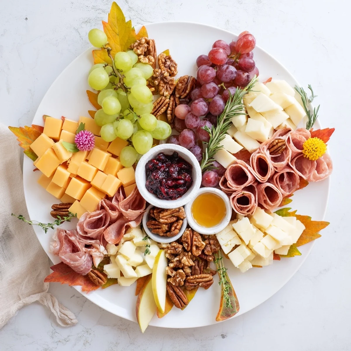 Beautiful Maple Leaf Grazing Tray: an inviting platter of cheeses, meats, fruits, and crackers.