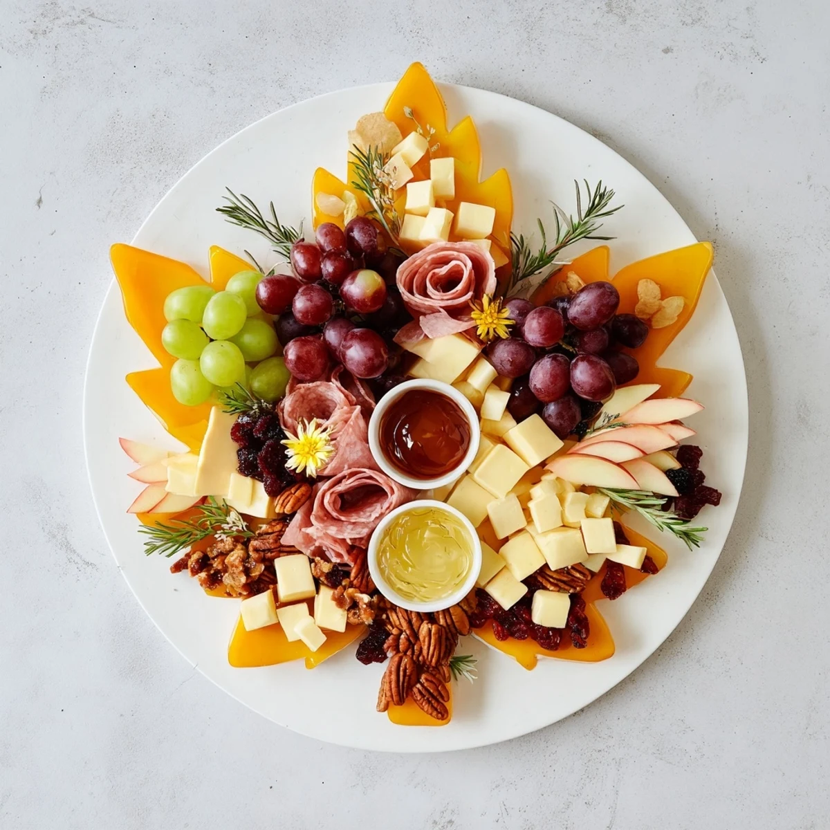 See a stunning array of ingredients in the Maple Leaf Grazing Tray, ready to be enjoyed.