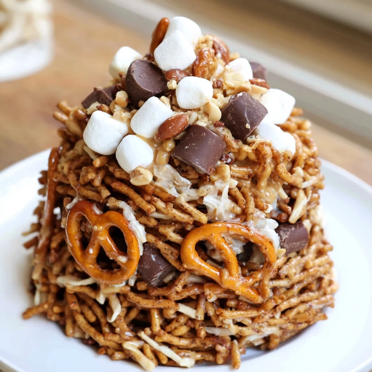 Sweet Haystack Candy creation, featuring layers of chocolate, pretzels, and toasted coconut; ready to eat.