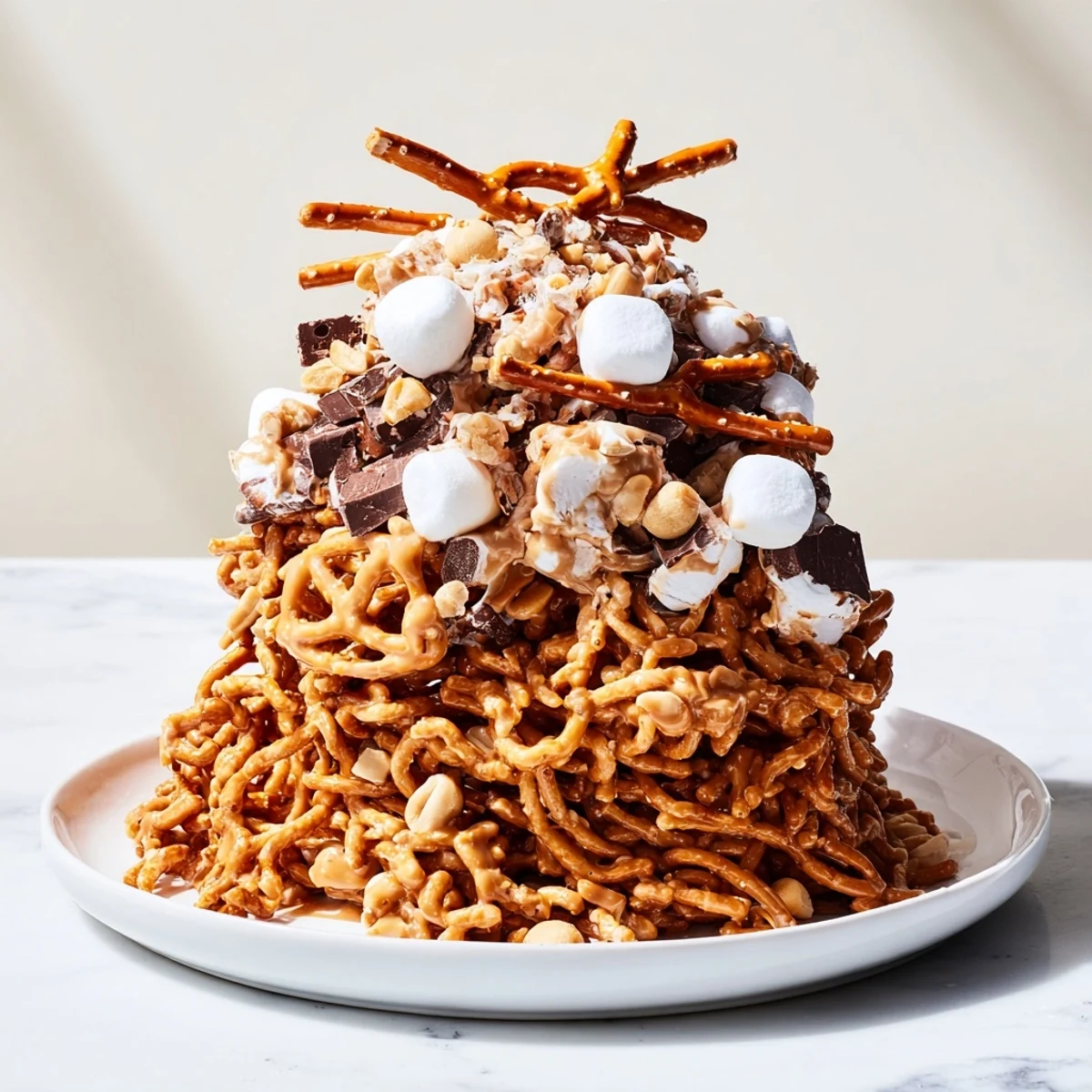 A towering stack of Haystack Candy, crispy noodles coated in butterscotch and peanut butter.