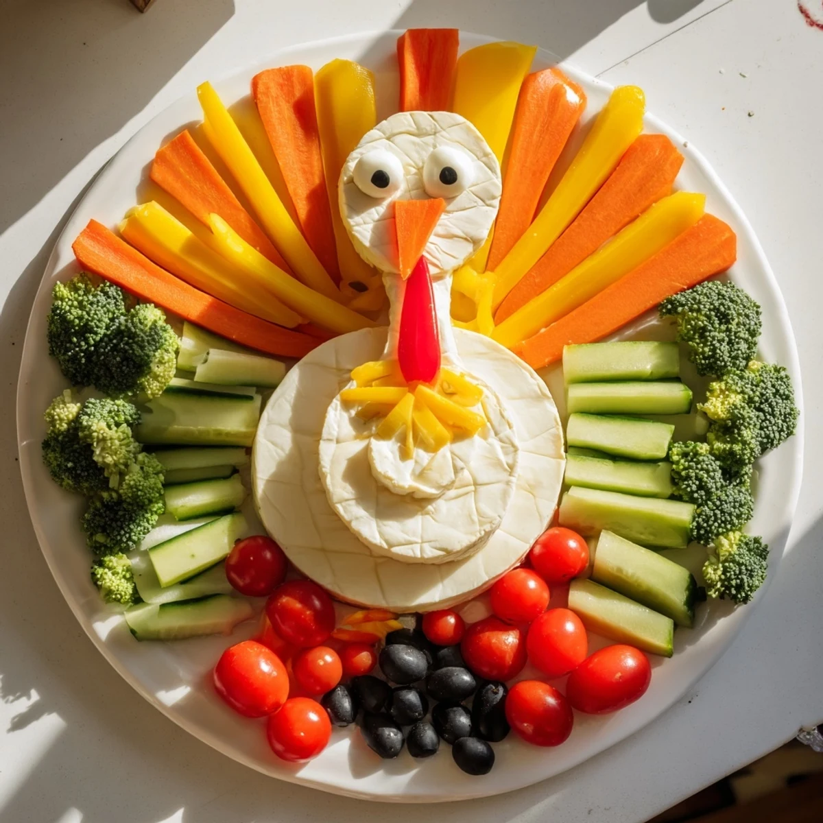 Vibrant Turkey Shaped Appetizer Tray featuring colorful vegetables, cheeses, and crackers ready to enjoy.