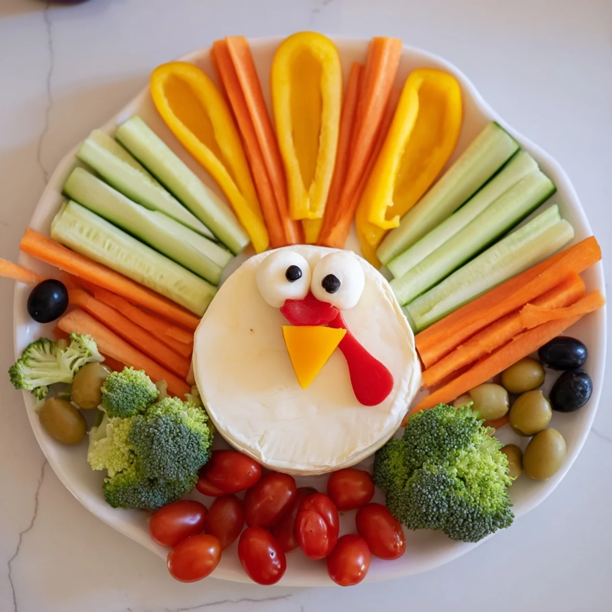 Savory Turkey Shaped Appetizer Tray: a fantastic party platter filled with fresh vegetables and creamy cheese.