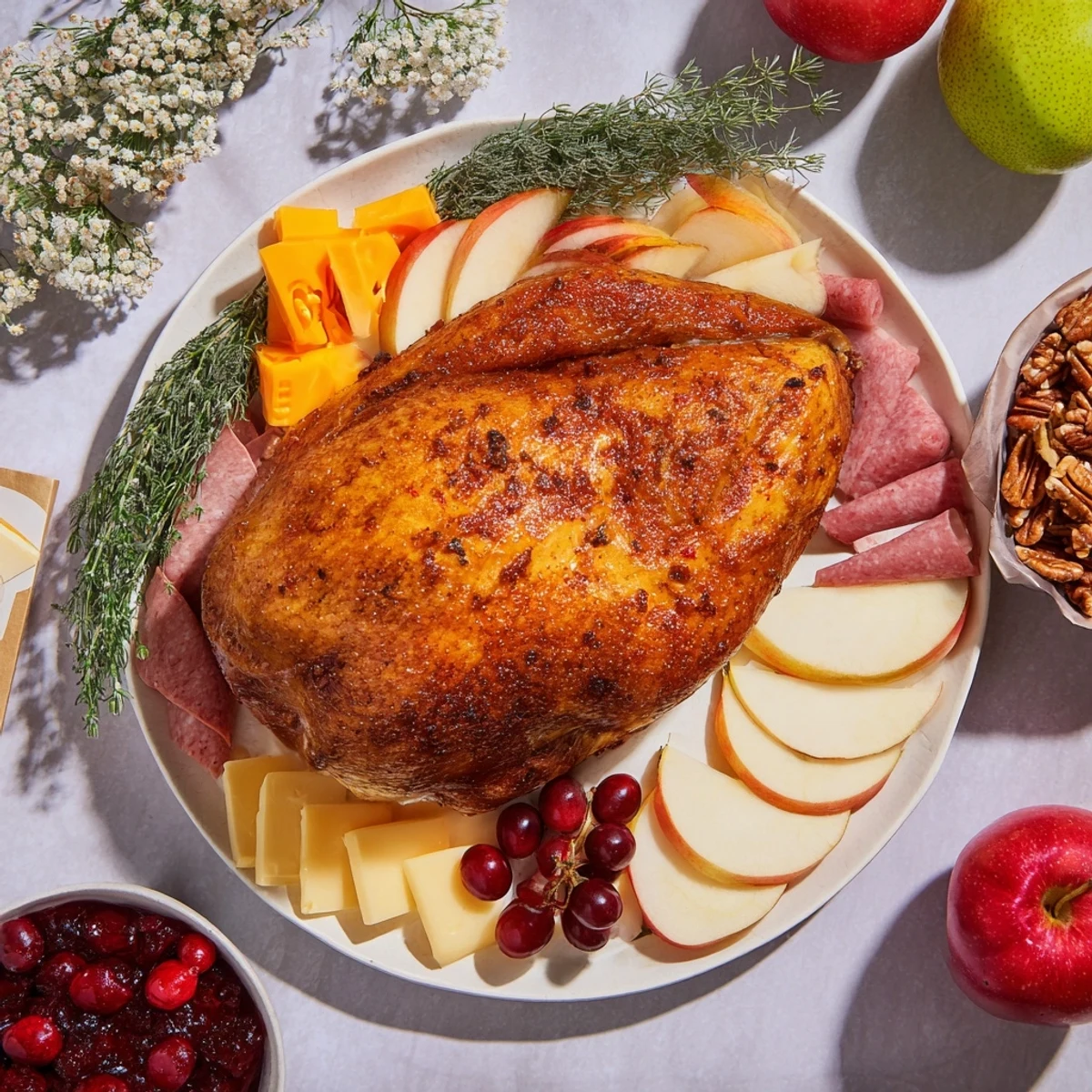 Thanksgiving Turkey Legs Charcuterie board with glistening roasted turkey legs and fresh herbs.