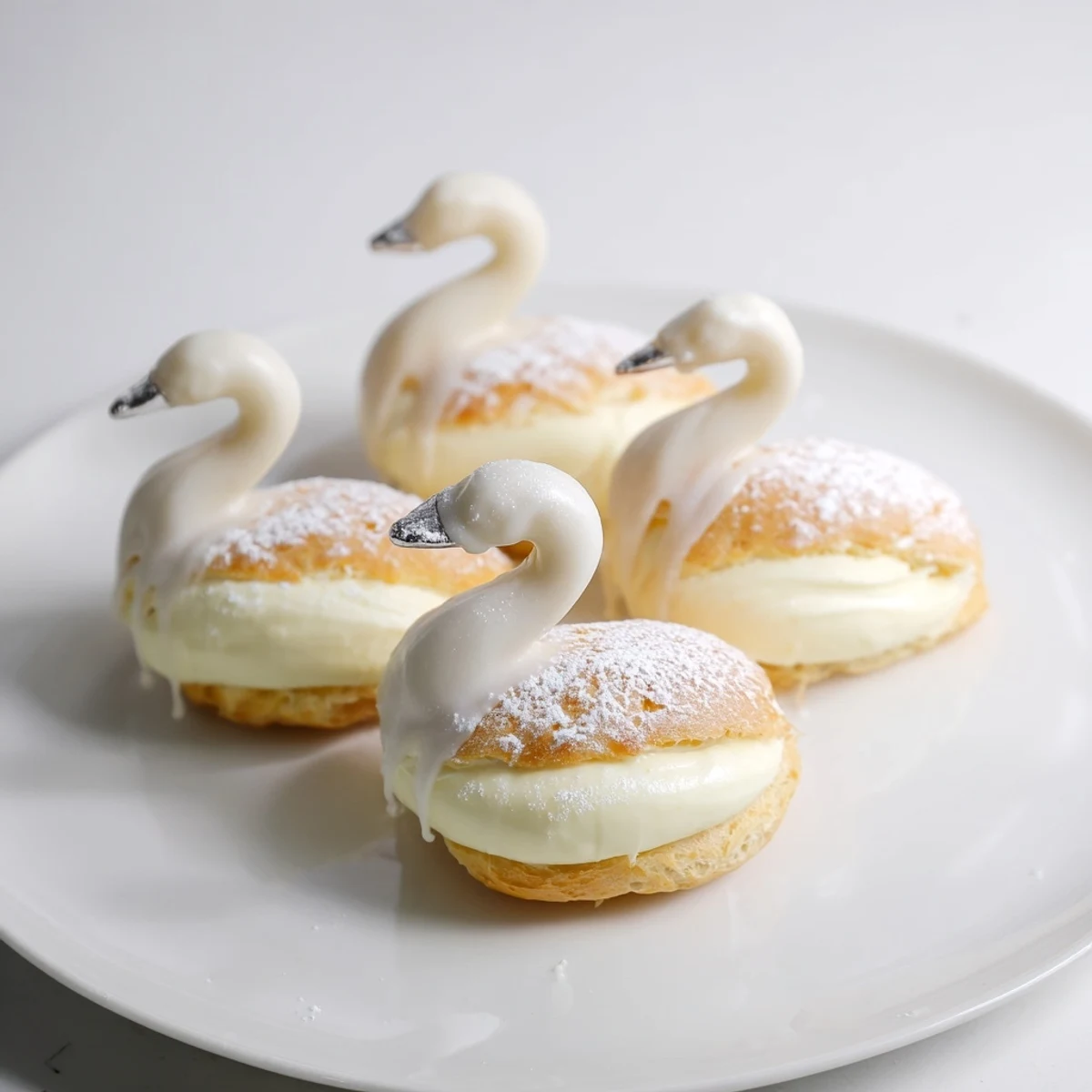 Elegant swan petit fours platter featuring glazed swan shapes, ready for an afternoon tea.