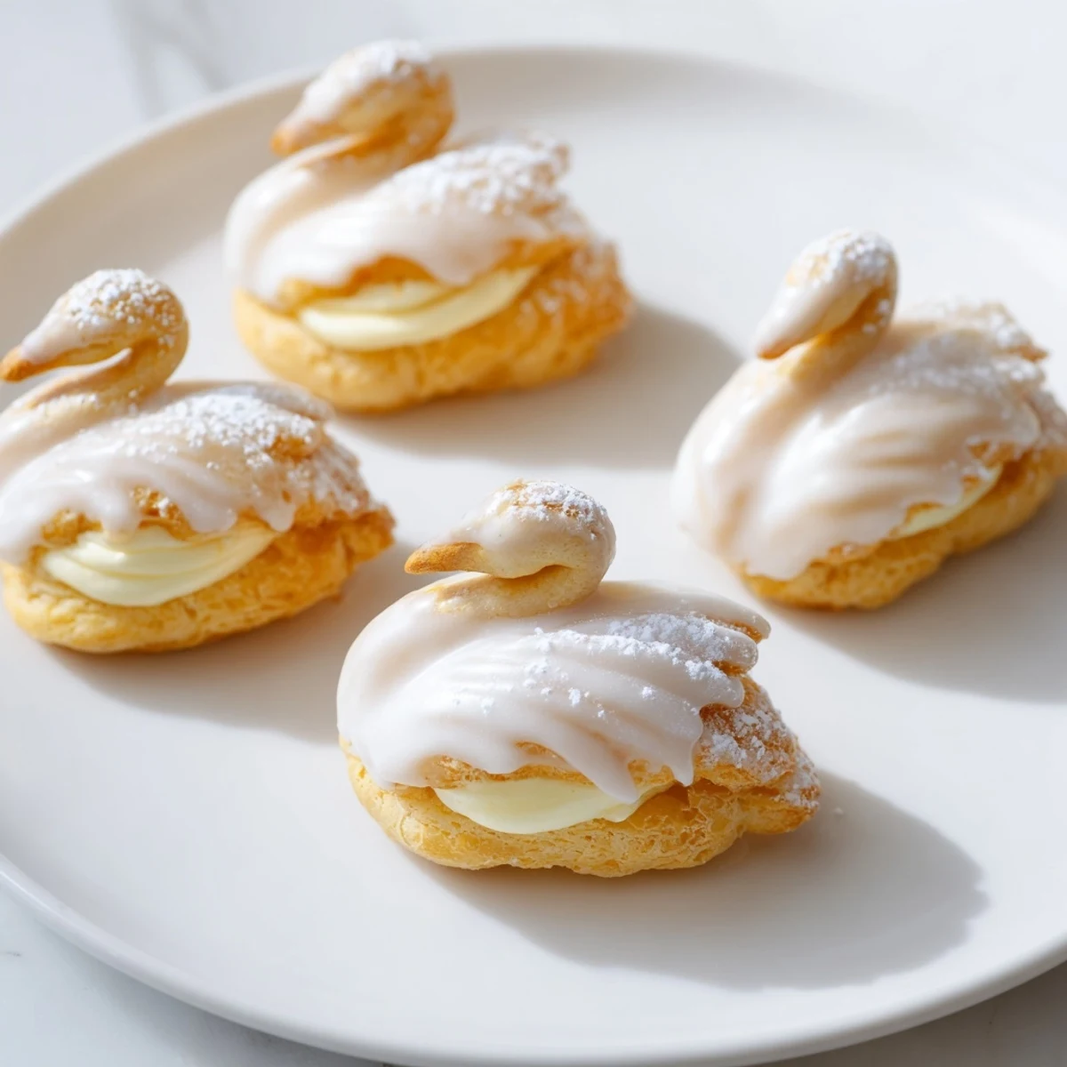 Delightful close-up of elegant swan petit fours, showcasing the vanilla cream filling and fondant.