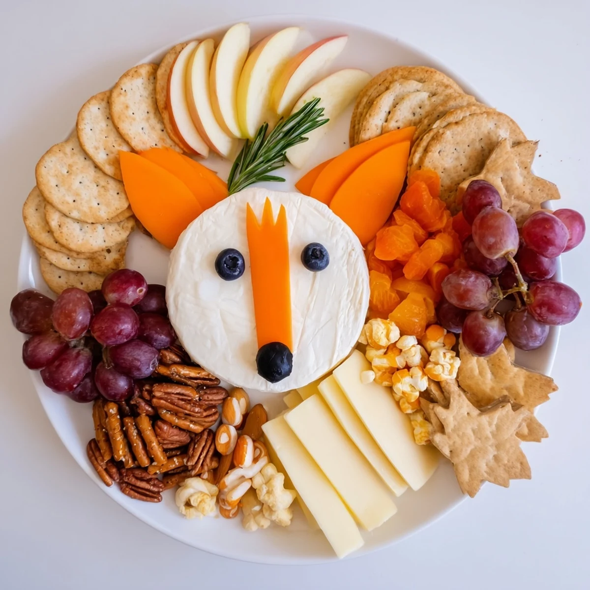 A beautifully arranged Whimsical Fox Fall Treat Board with varied fruits, cheeses, and sweet treats.