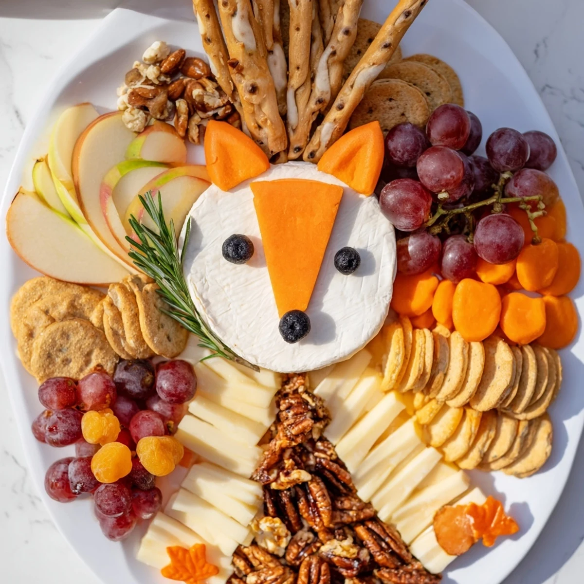 This inviting Whimsical Fox Fall Treat Board boasts a charming fox created of goat cheese and veggies.