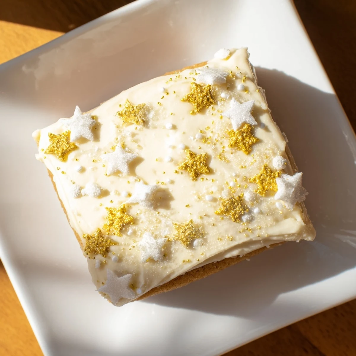 Golden, buttery Twinkle Twinkle Star Dessert Bars topped with vanilla frosting and twinkling sprinkles.