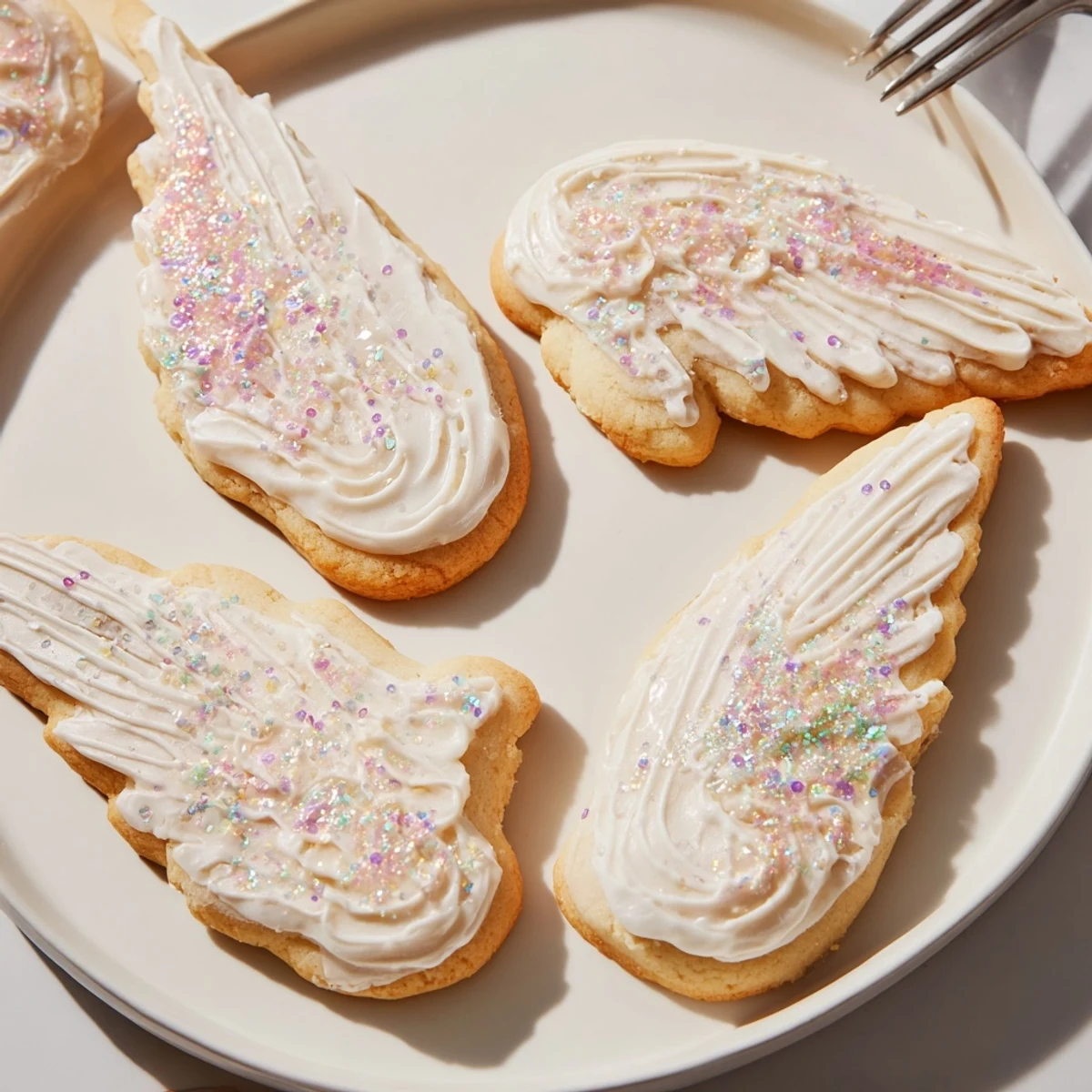 Close-up of golden-edged Angel Wings sugar cookies with perfectly piped icing, a sweet treat.