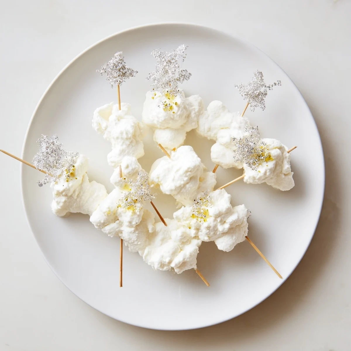 This appealing baby shower grazing board features fluffy cheese clouds alongside fresh lamb on skewers.