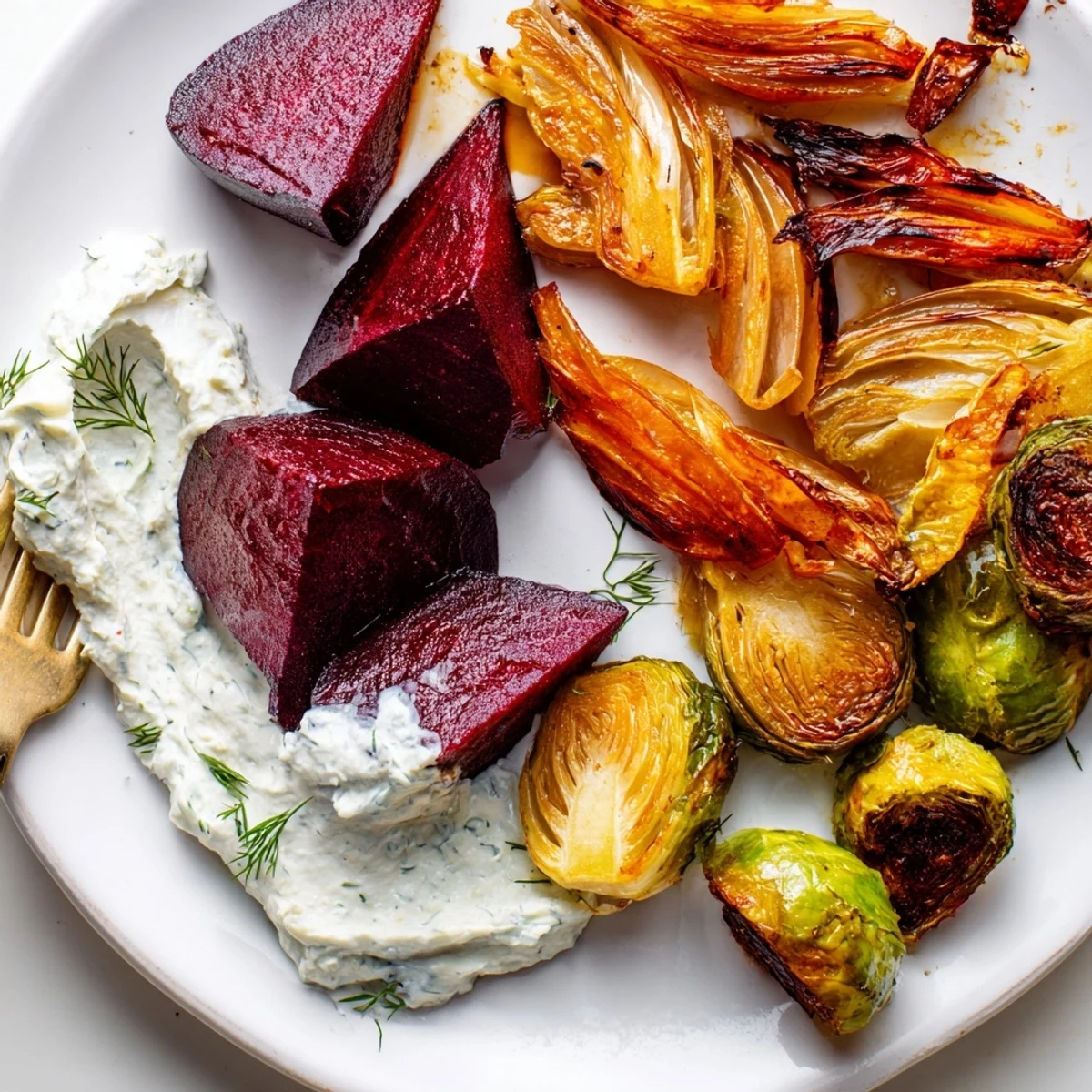 A colorful, appetizing Pine Forest Winter Mezze Board, filled with roasted veggies and vibrant garnishes.