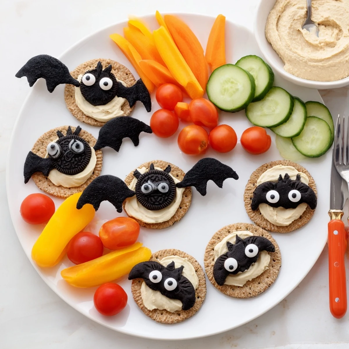 A festive Halloween Flying Bat snack board overflowing with crackers, cheese, and sweet treats.