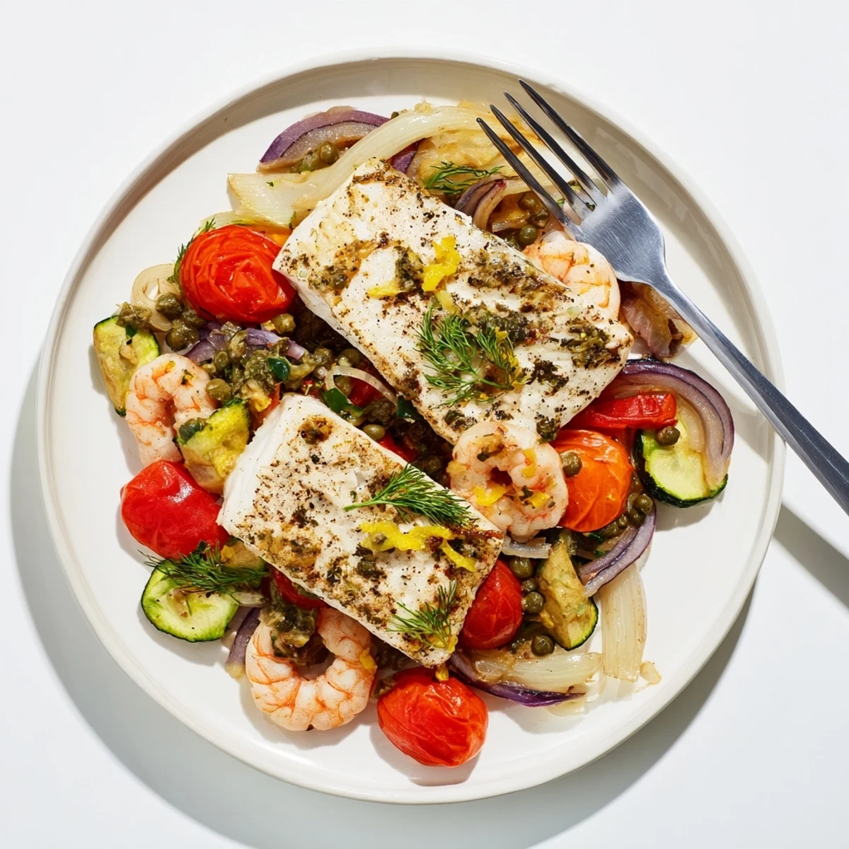 Image of beautifully baked Plongeons dans l'Océan Poisson Bleu with flaky fish and vibrant vegetables.