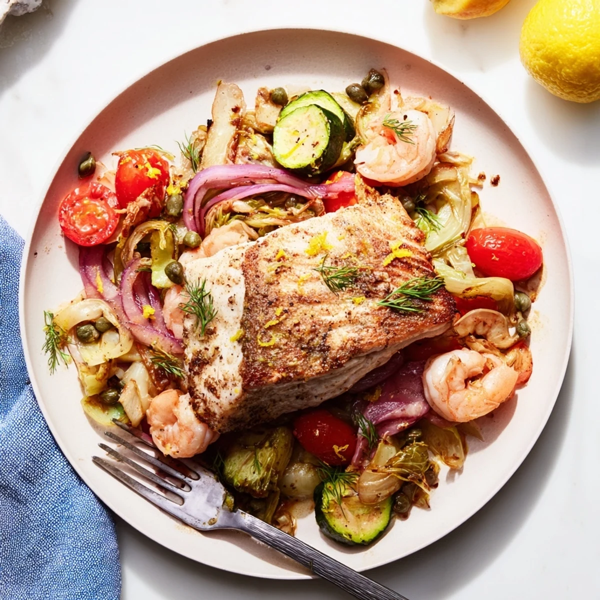 Enjoy this oven-baked Plongeons dans l'Océan Poisson Bleu, a savory seafood delight with lemon zest.