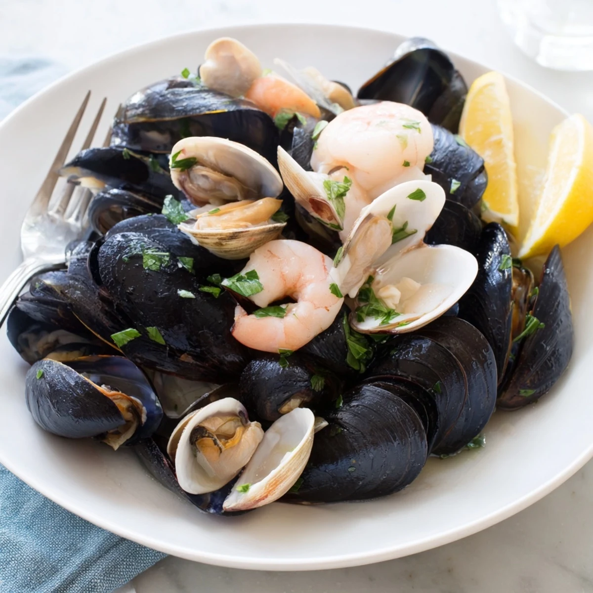 A close-up shot of the savory Shellfish & Seafood Medley, garnished with fresh parsley and lemon wedges.