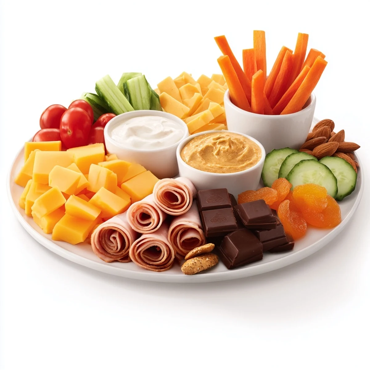 A vibrant Renard Rusé Snack Assortment, filled with colorful cheese, veggies, and savory bites.