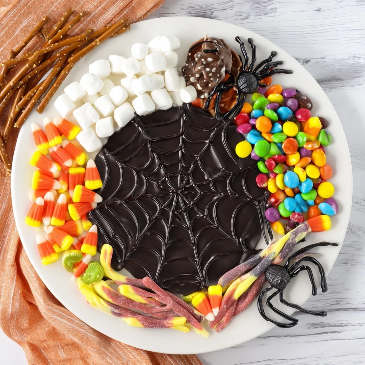 Dark chocolate spiderweb candy platter, filled with colorful candies, perfect for Halloween treats.