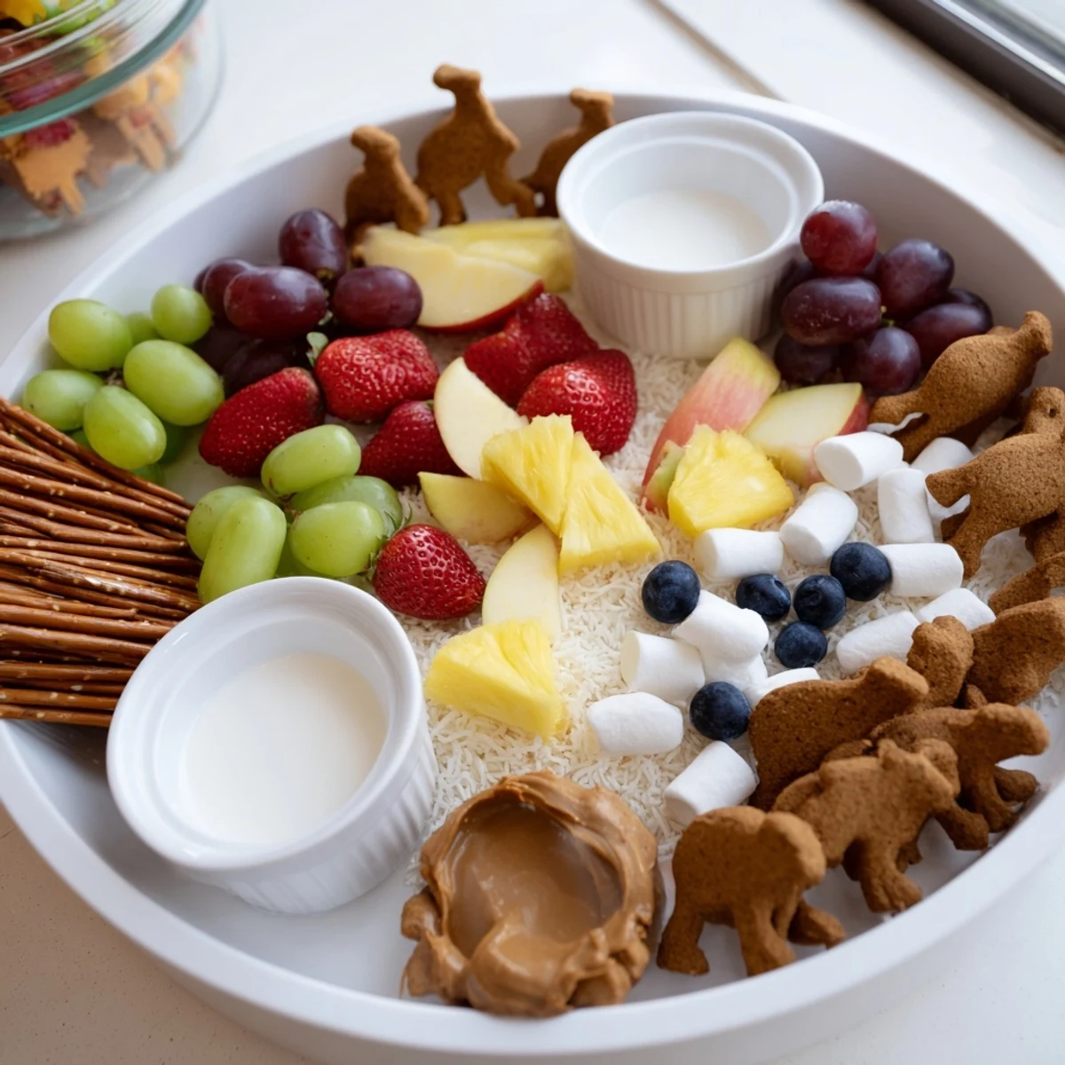 Animal Cracker Safari Board: a fun party platter with colorful fruits, dips, and playful animal crackers.