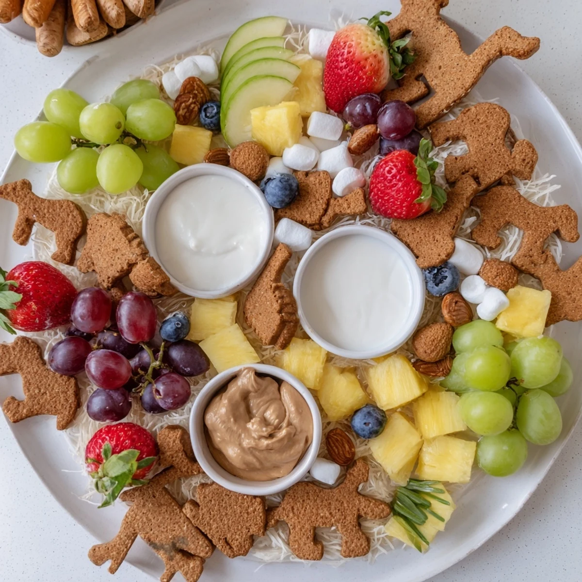 This Animal Cracker Safari Board features an inviting landscape of sweet treats, perfect for kids and parties.