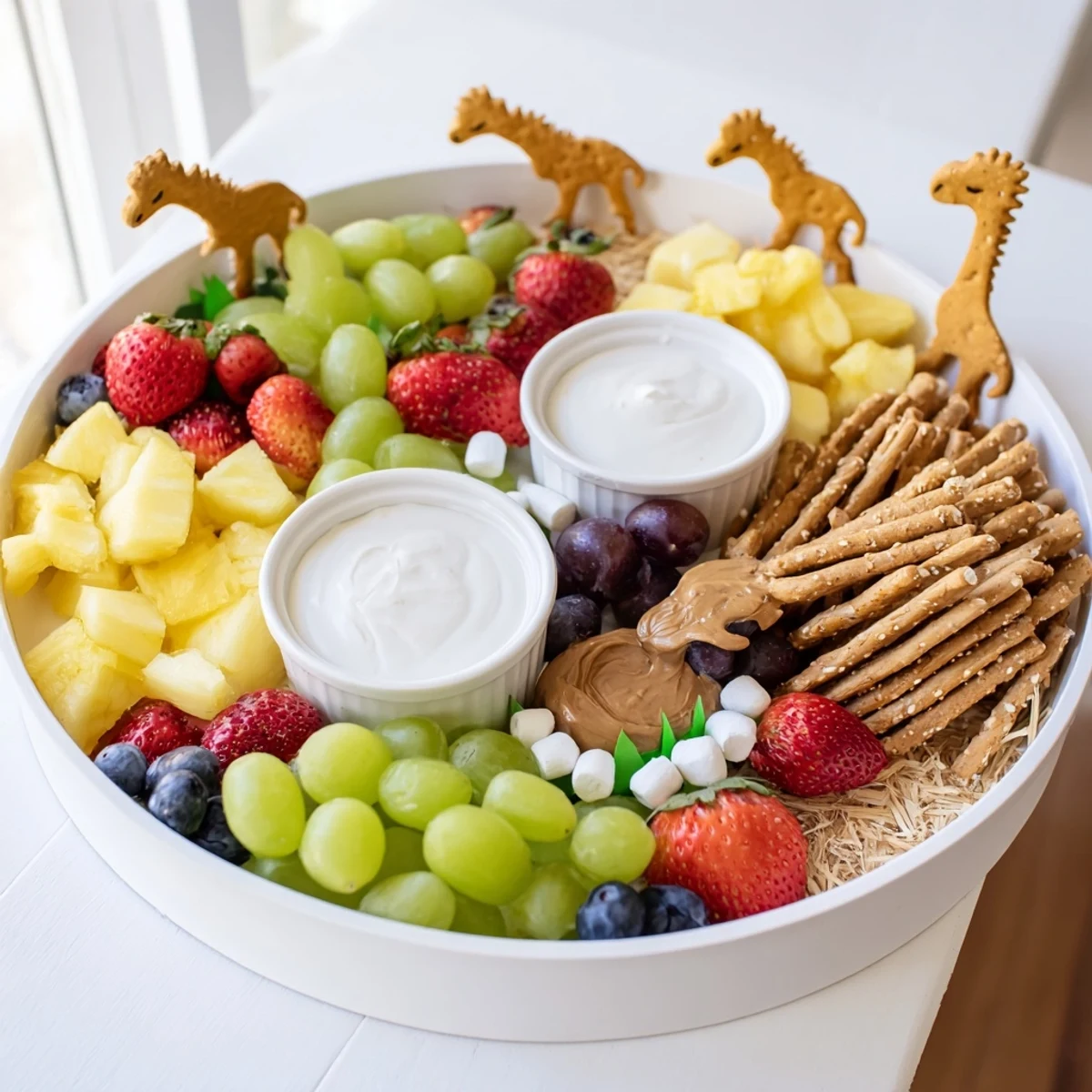 Enjoy a creative Animal Cracker Safari Board: animal crackers, fresh fruit, and tasty dips for delightful snacking.