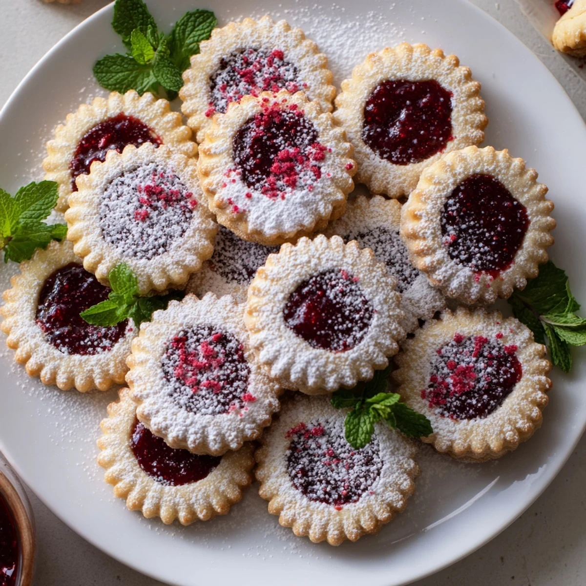 Warm raspberry jam fills each sweet Wreath cookie, dusted with powdered sugar and ready to enjoy.