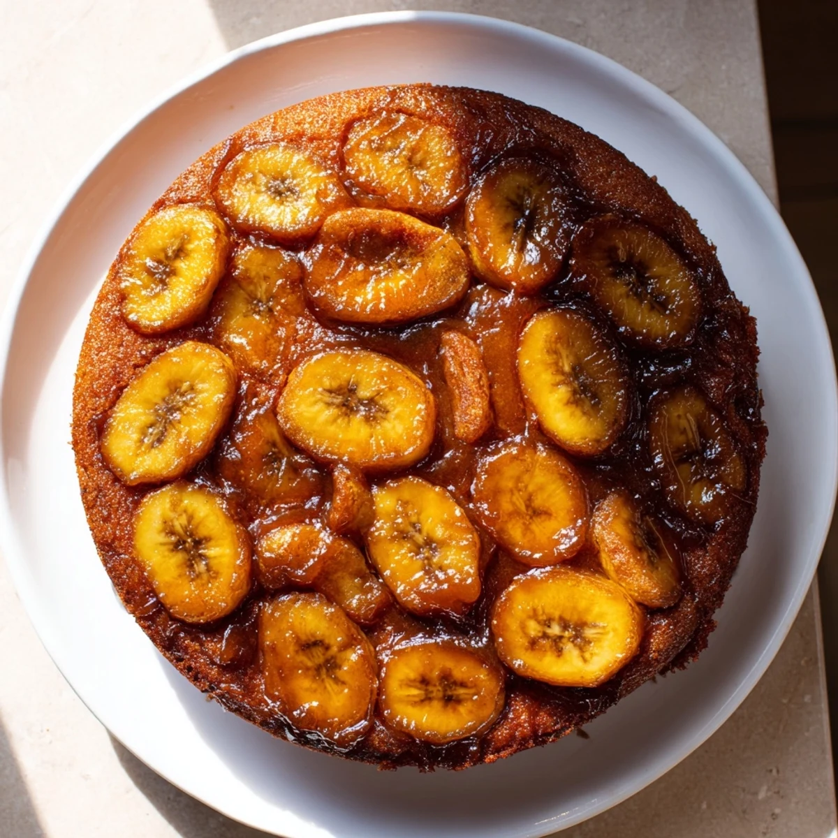 Golden-topped banana bread cake showcasing sweet banana slices over a tender crumb.