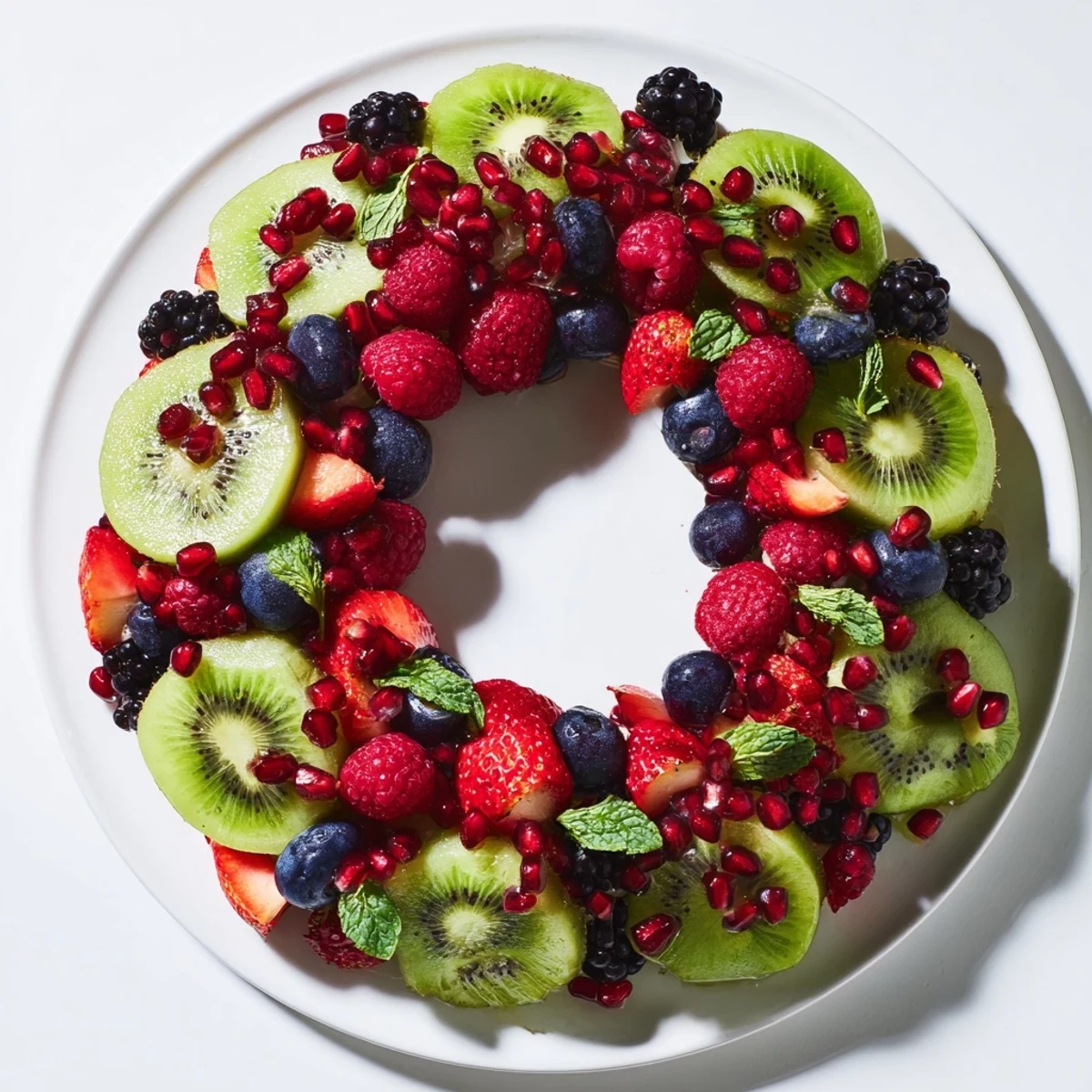 Vibrant fruit plate holiday wreath of kiwi, berries, and mint, a colorful appetizer ideal for festive events.